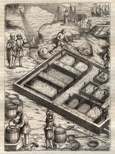 Výroba soli odpařováním mořské vody v solných pánvích. Z „“De re metallica““ od Georgiuse Agricoly (Georg Bauer). (Basilej 1556) - Výroba soli: mořská voda nalitá do velkých misek se odpařuje a zanechává zásobu soli. Rytina z „“De re metallica““ od G od Unknown artist