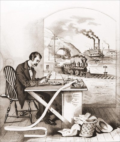 Pokrok století (19. století): Morseova telegrafie, Dawn Boat, Train aj. Rytina 19. století. od Unknown artist