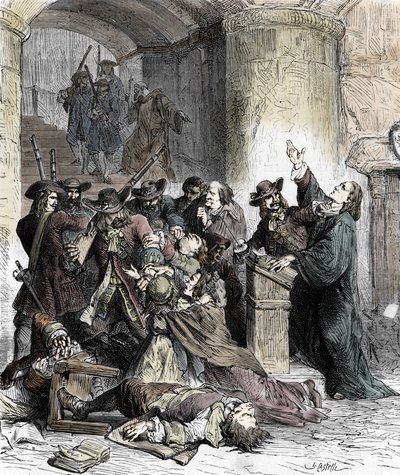 Zákaz prechů a zatýkání protestantů po odvolání Edit de Nantes (dragonády za Ludvíka XIV. (1681-1686): Katoličtí vojáci (draci) masakrují protestanty. 19. století (rytina) od Unknown artist