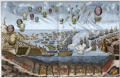 Projekt útoku (invaze) proti Anglii v roce 1803 Napoleonem I. - Francouzské jednotky procházejí tunelem pod Lamanšským průlivem, zatímco lodě a balóny útočí po moři a ve vzduchu - Rytina z roku 1803 od Unknown artist