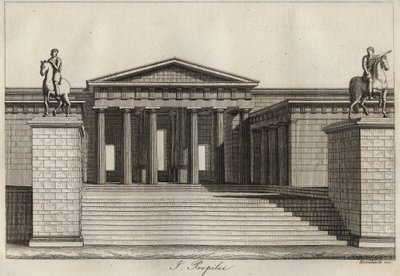 Propylees (Propylaea) (akropole v Athénách) rytina z „“ Zvyků a tradic všech národů vesmíru. Tedy Dějiny vlády, zákonů, milicí, náboženství všech národů od nejvzdálenějších dob až po současnost „1856 od Unknown artist
