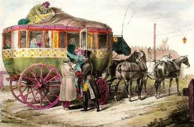 Veřejná doprava: cestující vstupující do Parisienne Diligence. Rytina soukromé sbírky 19. století od Unknown artist