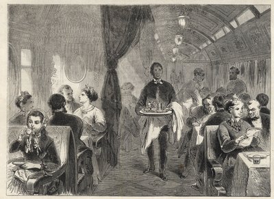 Pullmanův jídelní vůz Pacifických železnic v roce 1869 - uvnitř hotelu vozu na Pacifické železnici - od Unknown artist