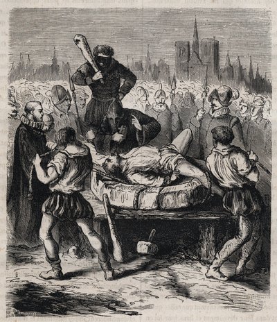 Trest Francoise Ravaillaca (1578-1610) atentátníka na krále Jindřicha IV. (1553-1610) na Place de Greve v Paříži v roce 1610 - rytina z roku 1879 v „Historie tajných, politických a náboženských společností“ od Pierra Zaccone (1817-1895) od Unknown artist