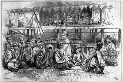 Loutkové divadlo s hudebníky v Barmě rytina v „The Illustrous World““ od Unknown artist
