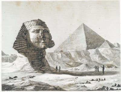 Pyramidy v Gíze: pohled na Sfingu a Velkou pyramidu, převzato z jihovýchodu - v „“ Popis Egypta“, Imperial Editions od Unknown artist