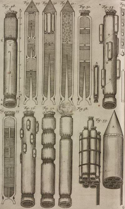 Pyrotechnické rakety a přístroje, rytina z knihy Grand Art d