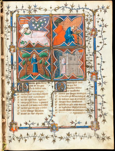 "Čtyři muži zaneprázdněni různými činnostmi"" iluminovaná stránka z rukopisu ""Le Roman de la Rose"" Guillaume de Lorris (kolem 1200-1238) a Jean de Meun (Meung) (1240-1305) kolem 1353 Švýcarsko, Ženevská knihovna od Unknown artist