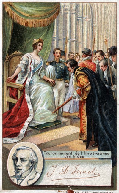 Anglická královna Viktorie korunovala Imperatrice of India 1877 s podporou Benjamina Disraeliho (1804-1881), britského spisovatele a politika. Chromolitografie 19. století. od Unknown artist