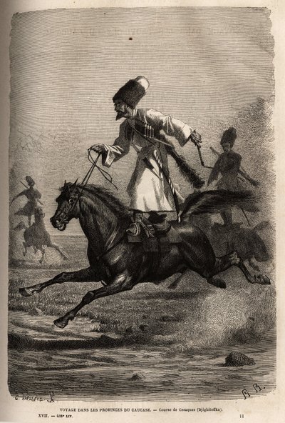 Rasa kozáků, šplhá v rovnováze stojící na sedle, jezdci bičují své koně, aby je přiměli k cvalu. Rytina pro ilustraci plavby v provinciích Kavkazu, od Basile Vereschaguine, v letech 1864-1865, publikovaná v „“ Le tour du monde, nouvea od Unknown artist