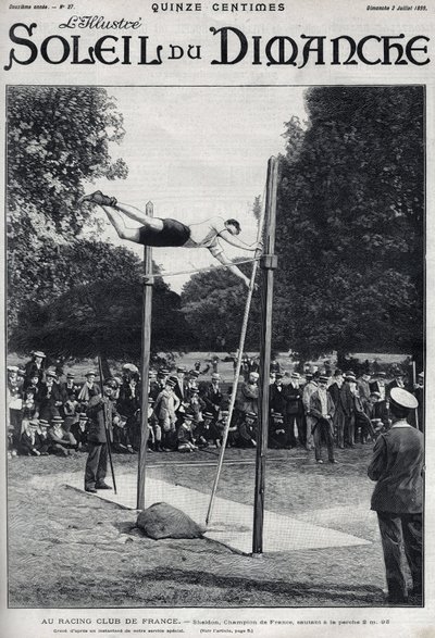 Závodní klub Francie. Sheldon, mistr Francie, skáče 2,95 m na skok a la Perche. Rytina v „“Le sun-du-dimanche“, 2. července od Unknown artist