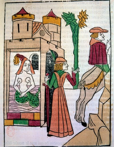 Raimondin špehuje svou ženu Meluzínu ve vaně. Ručně iluminovaná dřevorytina v „Histoire de Melusine““ (folio 142), kterou napsal Jean d