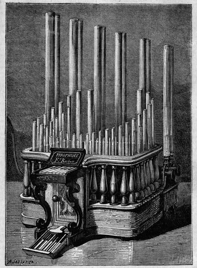 Vzácné nebo imaginární nástroje: Pyrofon neboli „zpívající plameny“ od Frederica Kastnera (nástroj, který generuje plameny poháněné plynovými tryskami). od Unknown artist