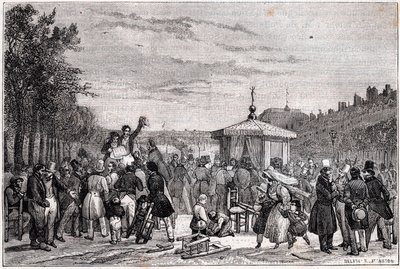 Čtení rozsudků zveřejněných v novinách Moniteur v zahradách královského paláce v Paříži 26. července 1830 během občanské války - revoluce 1830 - od Unknown