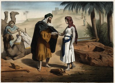Rebecca a Eliezer ke studni: Eliezer z Damašku, pověřený hledáním manželky pro Izáka v Mezopotámii, přivádí Rebeccu zpět. Anonymní rytina 19. století. od Unknown artist