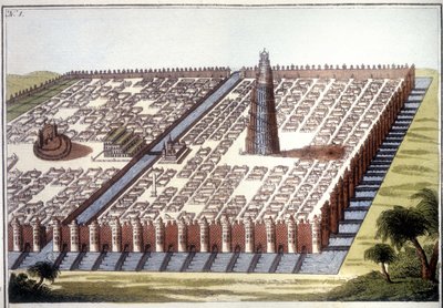 Zrekonstruovaný pohled na starobylé město Babylon s ohradou, visutými zahradami a zikkuratem. od Unknown artist