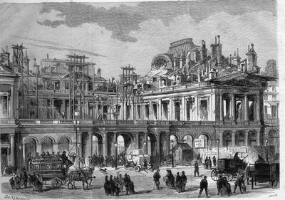 Rekonstrukční práce královského paláce (Palais-Royal) v Paříži. Gravírování v „“L