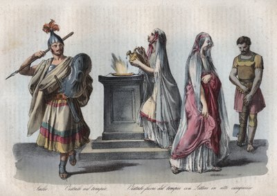 Náboženství ve starověkém Římě - Salii (skákající kněží) a Vestálky nebo Vestálky - rytina z „“ Zvyků a obyčejů všech národů vesmíru. To je historie vlády, zákonů, milicí, náboženství všech národů od nejvzdálenějších od Unknown artist