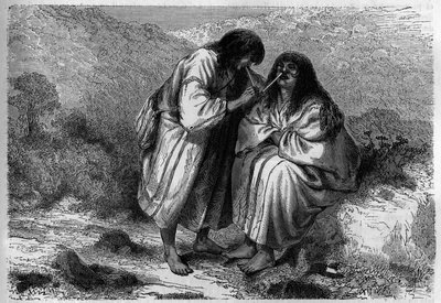 Lék na nachlazení: insuflace tabáku mezi americkými Indiány. Rytina v „Le journal de la jeunesse““ od Unknown artist
