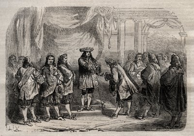 Rene Duguay Trouin (Duguay-Trouin) (Rene Trouin du Gue dit) (1673-1736) přebírá kříž Saint-Louis z rukou krále Ludvíka XIV. - rytina do „“ Dictionnaire populaire llustrious“ – 1864 – od Josepha Decembra a Edmond Allonier - od Unknown artist