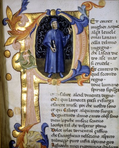 Znázornění v lettrině básníka Dante Alighieriho (1265 - 1321), miniatura 14. století. od Unknown artist