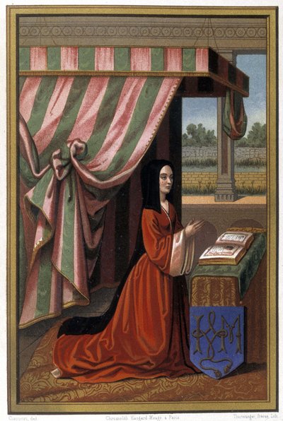 Zastoupení Anny de France známé jako Anne de Beaujeu (1461-1522) v modlitbě. Je dcerou Ludvíka XI. a Charlotte de Savoie. Chromolitografie po nasvícení. od Unknown artist