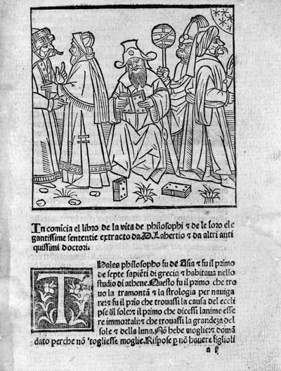 Reprezentace Diogena Laerce (120-240) (uprostřed) obklopuje různé myslitele a filozofy Stránka převzata z „“Životy, doktríny a věty slavných filozofů““ (Vitae Philosophorum) básníka a historika Diogena Laerce (120-240) 1499 od Unknown artist