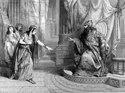 Zastoupení Ester ohledně žezla krále Assuera 1. (Xerxes 1.). Rytina 19. století. od Unknown artist