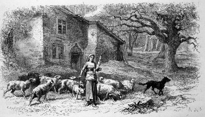 Zastoupení Johanky z Arku, když byla ještě mladá pastýřka v Domremy. Rytina. 19. století od Unknown artist