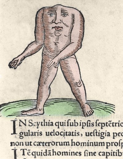 Reprezentace příslušníka kmene Blemmyi v Núbii popisuje bez hlavy, bez krku a obličeje na kmeni Plinia bývalou rytinu z „Prodigiorum ac ostentorum chronicon““ od Conrada Lycosthena (1518-1561). 1557. od Unknown artist
