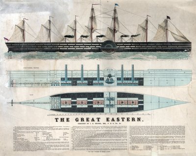 Reprezentace britské lodi Great Eastern, první obří parník, slavnostně otevřená v roce 1858 navržená Isambard Kingdom Brunel - Velká východní železná plachetní parní loď navržená Isambard Kingdom Brunel - od Unknown artist