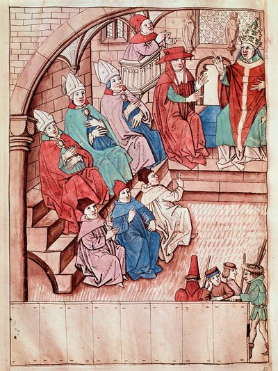 Reprezentace Kostnického koncilu v letech 1414 až 1418, nahoře Papež Martin V. (Pohled na Kostnický koncil, cca 1417) Miniatura převzata z „Kroniky Kostnického koncilu“ od Ulricha Richentala (1360-1437) 1438 přibližně Praha, Nati od Unknown artist