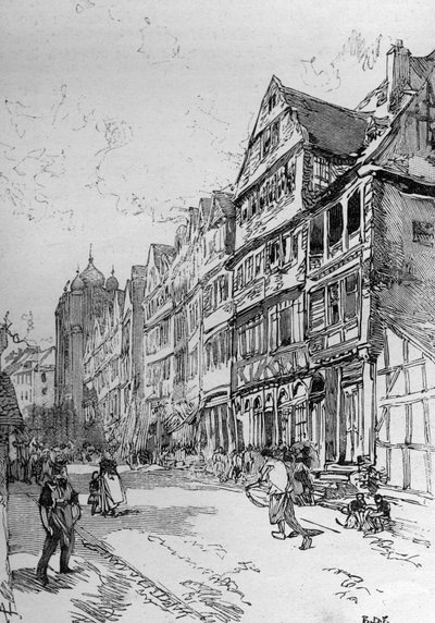 Zastoupení Židovské ulice ve Frankfurtu, rodišti Rothschildů. Gravírování do „“The Illustrous World““ od Unknown artist