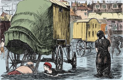Znázornění lázeňské kabiny vynalezené v roce 1750 Benjaminem Bealeem: ženy uvnitř mají přístup k moři přímo z tohoto vozu taženého koňmi. Humorná kresba z „Punch Magazine“ 1870 od Unknown artist