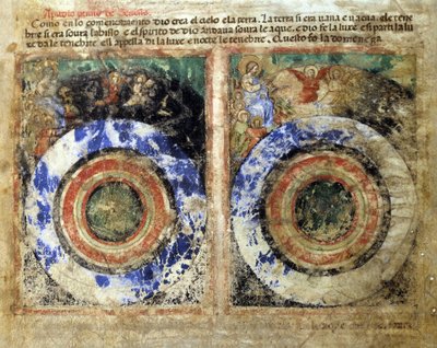 Reprezentace stvoření světa. Genesis. Miniatura z kodexu 212 (nebo kodexu padovano nebo Bible z Padovy) 1390-1400 Rovigo, Accademia dei Concordi od Unknown artist