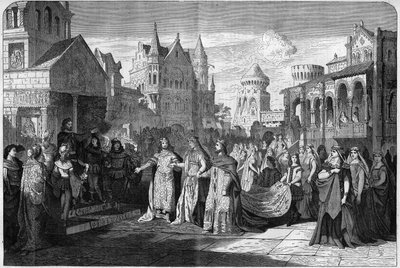 Reprezentace romantické opery „“Lohengrin““ od Richarda Wagnera (1813-1883), poslední scéna II. dějství, v Královském divadle v Mnichově, Německo. Gravírování v „The Illustrous Universe“ od Unknown artist