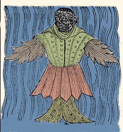 Znázornění mořského mnicha, imaginární ryby a mořské příšery. Rytina z „Prodigiorum ac ostentorum chronicon“ od Conrada Lycosthena (Konrad Wolffhart od Unknown artist
