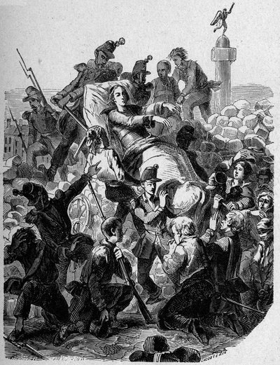 Revoluce 1848: "" Arcibiskup Denis Affre (1793-1848) zraňuje a nosí na nosítkách v roce 1848." od Unknown artist