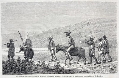 Richard Francis Burton, britský cestovatel (1821-1890) a jeho společníci v Africe. Kresba ilustrující článek „“ Cesta kapitána Burtona k Velkým africkým jezerům 1857-59“ – v „“ Tour du Monde“, 2. semestr. 1860 od Unknown artist