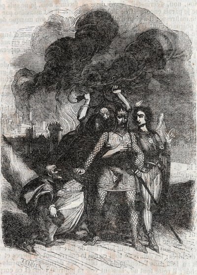 Rodomont opouští Paříž – rytina z roku 1851 z „“Roland furieux““ (Orlando furioso) (16. století) od Ludovica Ariosta, známá jako Ariosta – vydání přeložené z italštiny hrabětem z Tressanu a vydané Gustavem Harvardem 1851 od Unknown artist