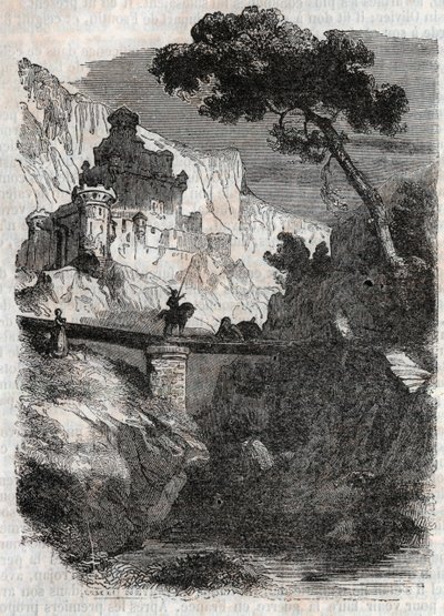 Rodomont poražen Bradamantem - rytina z roku 1851 z „“Zuřivého Rolanda““ (Orlando furioso) (16. století) od Ludovica Ariosta, známého jako Ariosto – vydání přeložené z italštiny hrabětem z Tressanu a vydané Gustavem Harvardem 1851 od Unknown artist