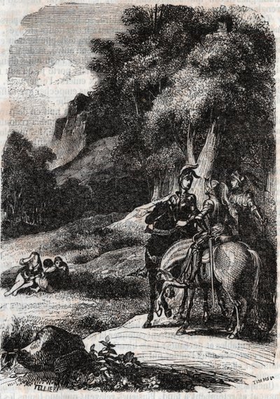 Roger (Ruggero, Ruggiero), Marphise (Marfisa) a tři ženy - rytina z roku 1851 z „“Roland furieux““ (Orlando furioso) (16. století) od Ludovica Ariosta, zvaná Ariosto – vydání přeložené z italštiny hrabětem z Tressanu a publikoval od Unknown artist