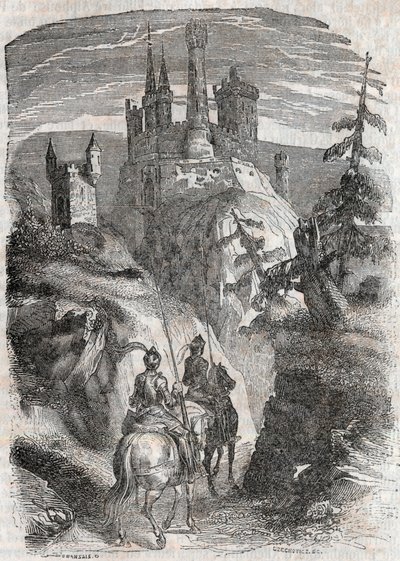 Roger (Ruggero, Ruggiero) a Richardet vidí hrad Aigremont - rytina z roku 1851 z „“Roland furieux““ (Orlando furioso) (16. století) od Ludovica Ariosta, známého jako Ariosta – vydání přeložené z italštiny hrabětem z Tressanu a publ od Unknown artist