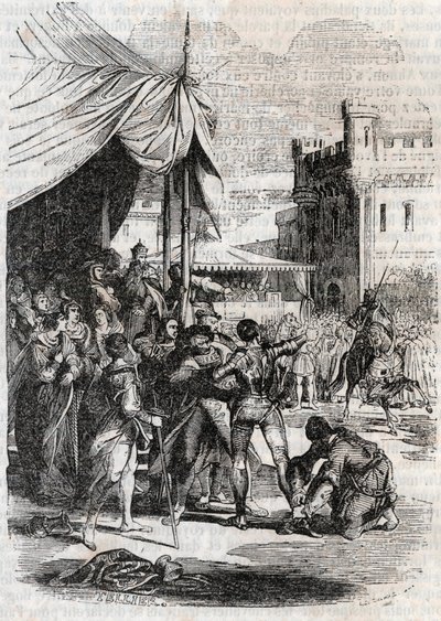 Roger (Ruggero, Ruggiero) vzdoruje v bitvě u Rodomonta (Rodomonte) - rytina z roku 1851 z „“Zuřivého Rolanda““ (Orlando furioso) (16. století) od Ludovica Ariosta, známého jako Ariosta – vydání přeložené z italštiny hrabětem z Tressan a publikovat od Unknown artist