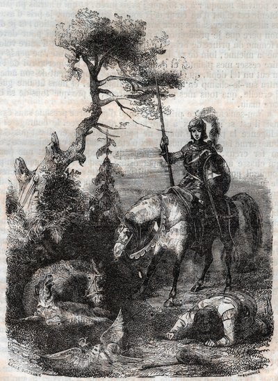 Roger (Ruggero, Ruggiero) využívá okouzlující štít – rytinu z roku 1851 z „“Zuřivého Rolanda““ (Orlando furioso) (16. století) od Ludovica Ariosta, známého jako Ariosta – vydání přeložené z italštiny hrabětem z Tressanu a publikováno od Unknown artist