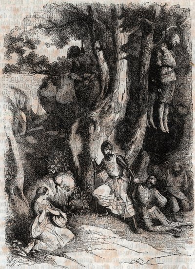 Roland a sedm lupičů z jeskyně – rytina z roku 1851 z „“Zuřivého Rolanda““ (Orlando furioso) (16. století) od Ludovica Ariosta, známého jako Ariosta – vydání přeložené z italštiny hrabětem z Tressanu a vydané Gustavem Harvard od Unknown artist