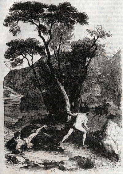 Roland pursuing Angelique (Angelica) - rytina z roku 1851 z „“Zuřivého Rolanda““ (Orlando furioso) (16. století) od Ludovica Ariosta, známého jako Ariosto – vydání přeložené z italštiny hrabětem z Tressanu a vydané Gustavem Harvardem 1851 od Unknown artist