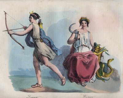 Římská mytologie - Diana (Diane) bohyně lovu a Ceres bohyně zemědělství - rytina z „Zvyky a zvyky všech národů vesmíru. To jsou dějiny vlády, zákonů, milicí, náboženství všech národů od většiny od Unknown artist