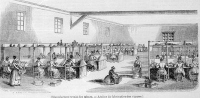 Royal Tobacco Manufacture: dílna na výrobu doutníků. 19. století rytina. od Unknown artist