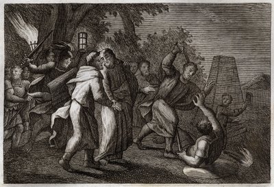 Royaumontská Bible, Nový zákon: Zatčení Ježíše Krista nebo Jidášův polibek. Vojáci přicházejí zatknout Krista do Olivetské zahrady. Svatý Petr jednomu z nich uřízne ucho. Ilustrace z roku 1811. od Unknown artist
